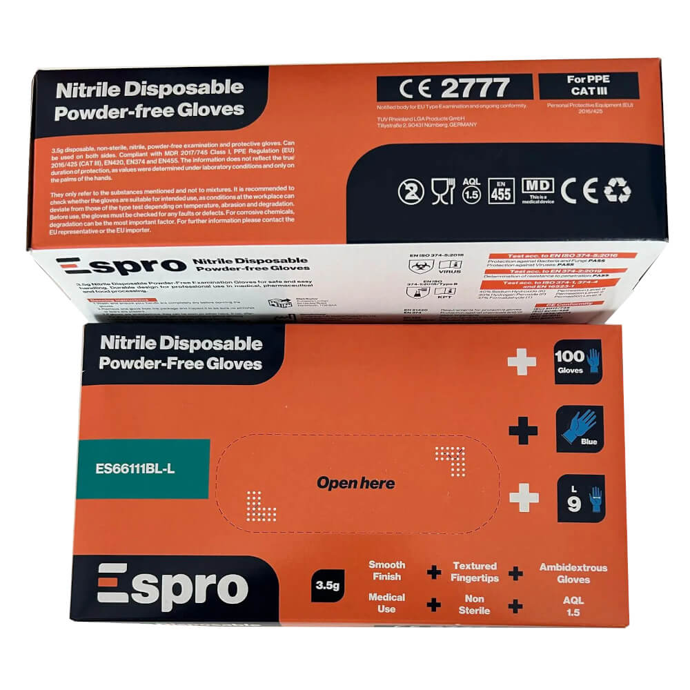 Nitrile Disposable Gloves – Powder-Free, Latex-Free (Blue, 3.5g) Espro ES66111BL