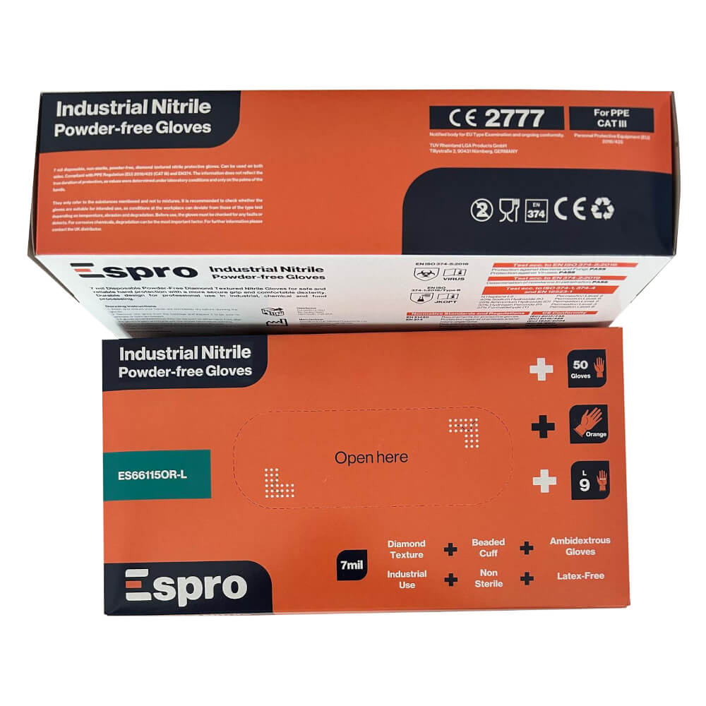 Nitrile Disposable Gloves – Powder-Free, Latex-Free (Orange, 8.2g) Espro ES66115OR